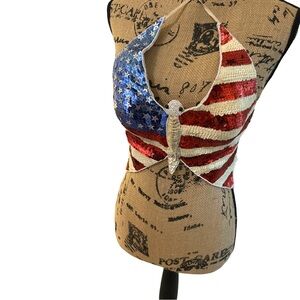 Y2K Sequin Butterfly Halter Top USA Flag Stars Stripes Patriotic Festival Rave